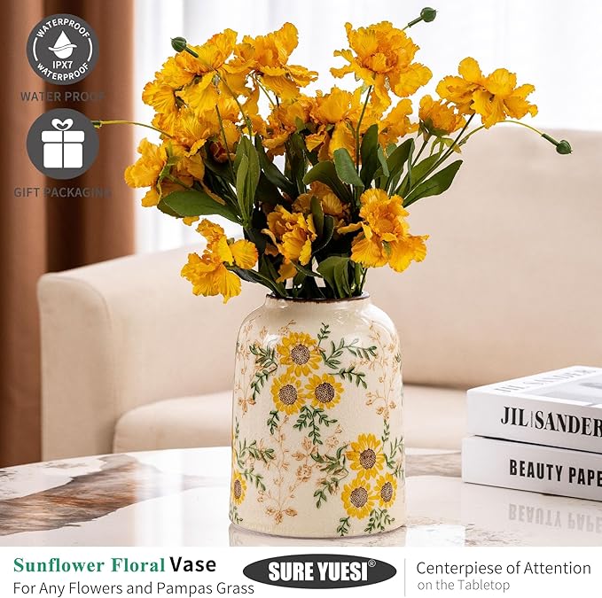 Sunflower Green and Beige Vase, Yellow Ceramic Vintage Vase Cottage Core Home Decor, Cute Floral Centerpiece Vases for Living Room, Bedroom, Kitchen, Table Grand Millennial Decors, Tuscan Decor 7.8In