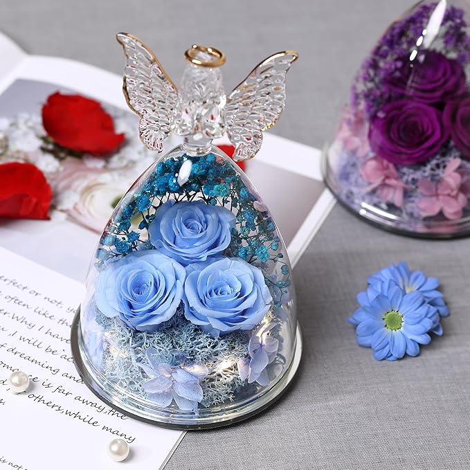 Christmas Rose Gifts for Women Preserved Real Flower in Glass Angel Figurines Roses for Delivery Prime Birthday Gifts for Mom Grandma Girlfriend Wife Her, Sky Blue