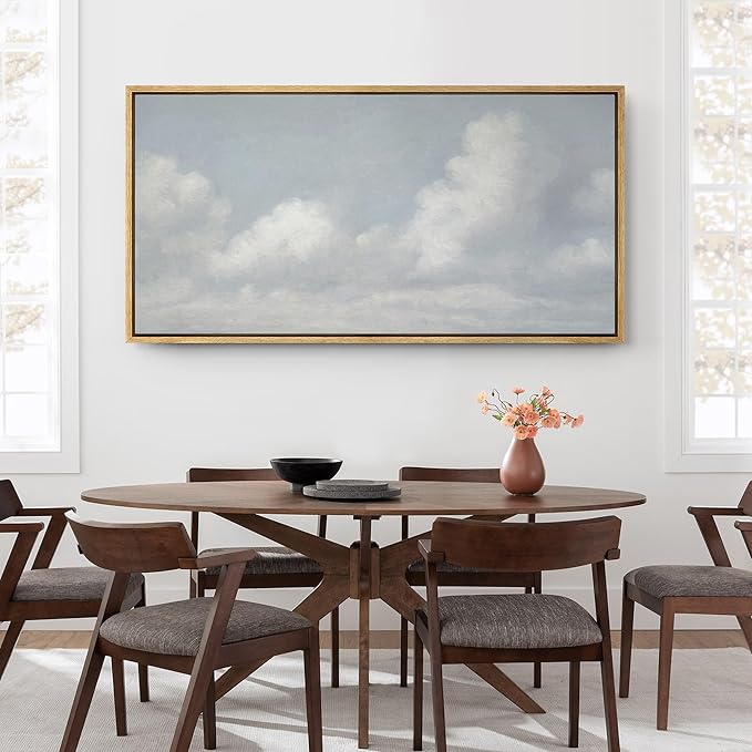 SIGNFORD Extra Large Framed Canvas Print Wall Art Blue Sky with Fluffy Clouds Tranquil Minimal Sky Scene Illustrations Modern Art Relax/Calm Warm for Living Room, Bedroom, Office - 60"x30"