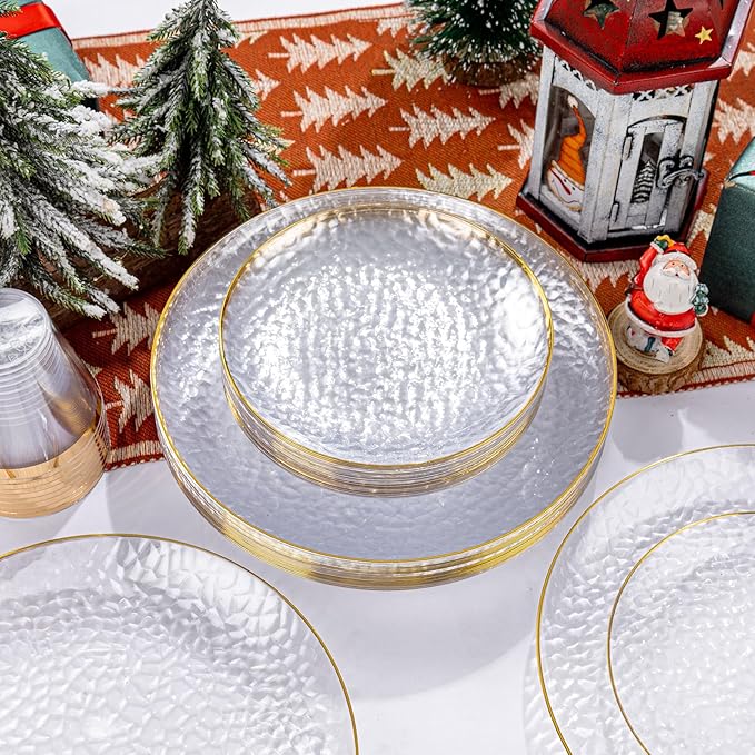 Rubtlamp 350 Pcs Clear Gold Plastic Plates, Hammered Disposable Dinnerware, Clear-Gold Plates Set Include 100 Plastic Platos, 150 Gold Disposable Silverware, 50 Cups And 50 Napkins for Christmas
