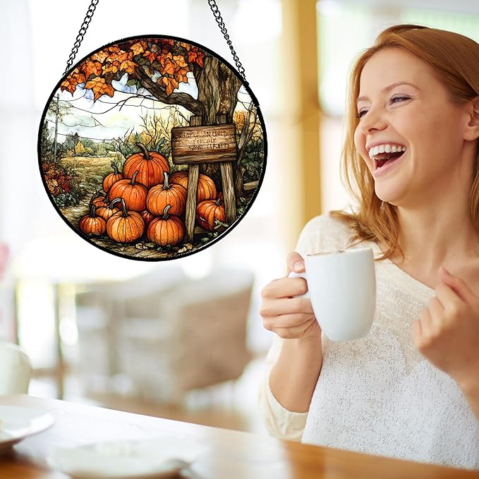 Stained Glass Window Hanging Fall Farm Scenery Maple Trees Pumpkin Large 15" - Suncatcher Door Garden Kitchen Sun Catcher Autumn Decor Birthday for Mom Nana Men Woman Friend