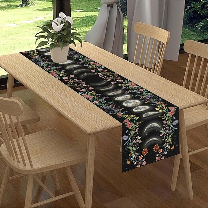 Boho Floral Table Runner, Spring Gothic Moon Phase Wildflower Mystical Witchy Farmhouse Coffee Table Center Decor for Home Kitchen Dining Patio Holiday Party Table Decorations 13x72 inches