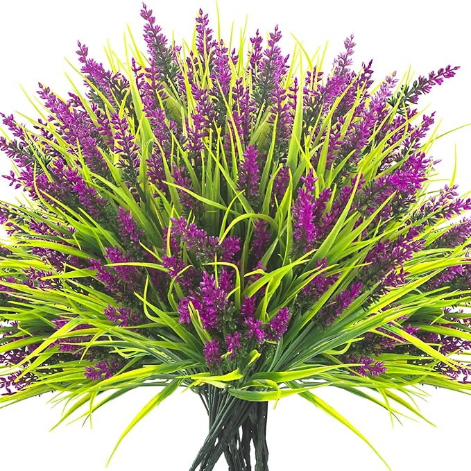 20 Bundles Artificial Plants Outdoor Fake Monkey Grass with Flowers (Fuchsia)