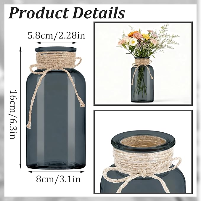Vintage Glass Flower Vase，6 Pack Farmhouse Black Glass Centerpiece Vases Mason Jars for Halloween Weddings, Parties & Home Decor Bulk (6, Black)