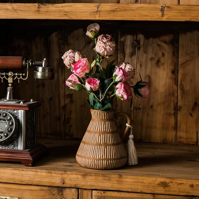 Rustic Farmhouse Vase with Handle and Tassel, Vertical Stripes Terracotta Pottery - Vintage Ceramic Clay for Home Décor, Shelf, Table, Bookshelf, Mantle, Entryway