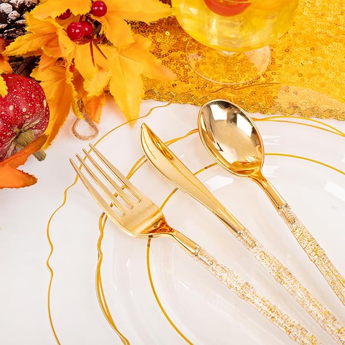 Liacere 150PCS Clear Gold Plastic Plates - Disposable Plastic Silverware with Glitter Bamboo Handle Cutlery-Baroque Clear Gold Disposable Plates for Wedding & Party & Thanksgiving &Fall Decor