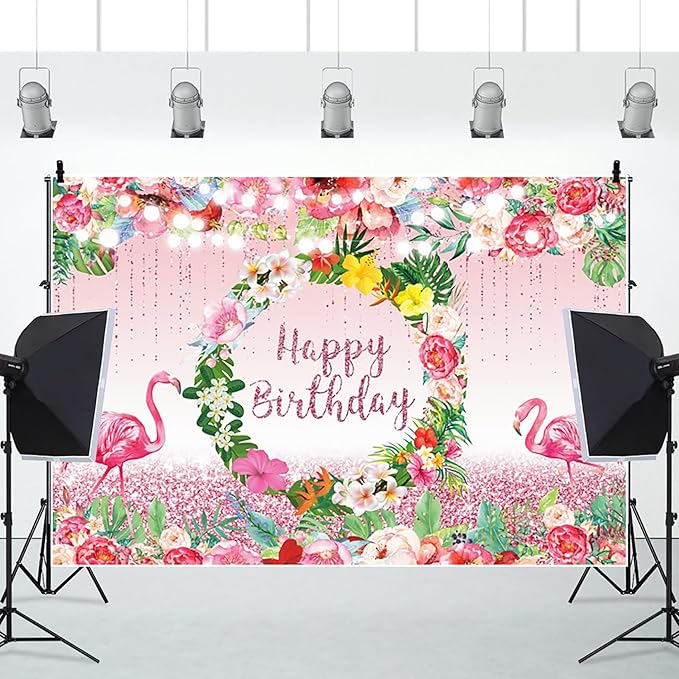 Renaiss 9x7ft Happy Birthday Backdrop Pink Flamingo Tropical Leaves Flower Hoop Winkle Hawaiian Photography Background Luau Aloha Party Decor Girls Birthday Photo Props Dessert Gift Table Banner