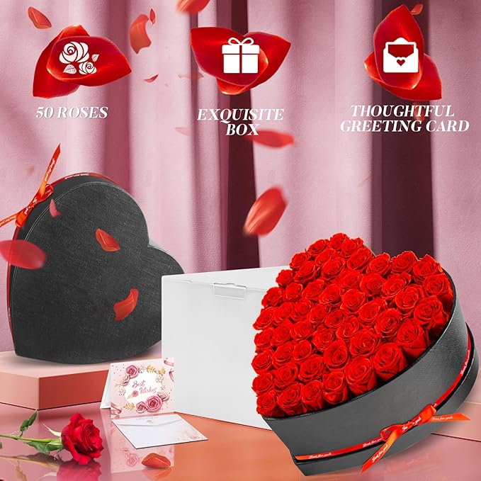 50 Forever Flowers, Preserved Rose in Heart Shape Box, Eternal Roses, Birthday Gifts for Women, Wife, Her, Mother's Day -Red
