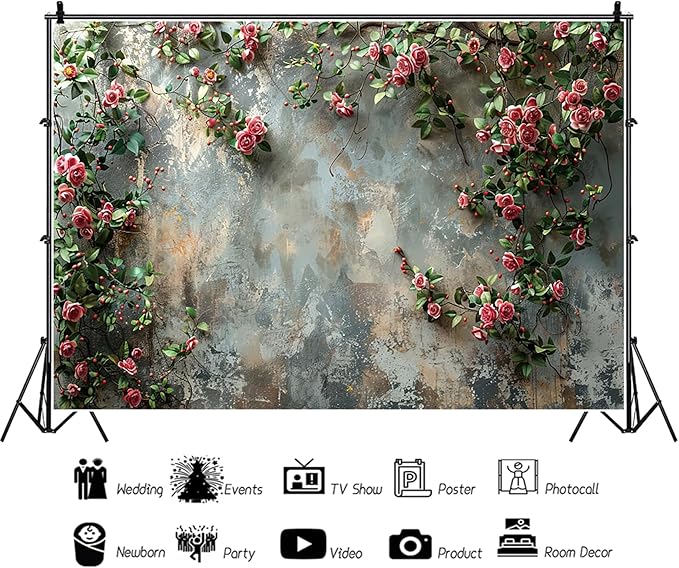 Baocicco 12x8ft Vinyl Old Floral Wall Photography Background Retro Texture Wall Grain Pink Rose Fairytale Birthday Backdrops Medieval Wedding Events Party Decorations Newborn Baby Shower Studio
