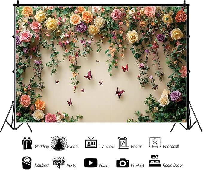Baocicco 12x10ft Flowers Wall Photography Background Butterfly Spring Floral Botanical Banner Backdrop Vintage Wedding Birthday Backdrop Decorations Girls Party Table Cake Decoration Photo Props