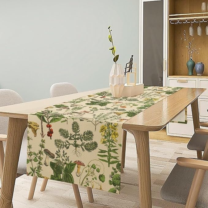Vintage Botanical Table Runner, Antique 1900s Plants Herbs Mushroom Boho Retro Wildflower Ferns Print Table Runner for Farmhouse Kitchen Indoor Outdoor Decoration, 13x60inch