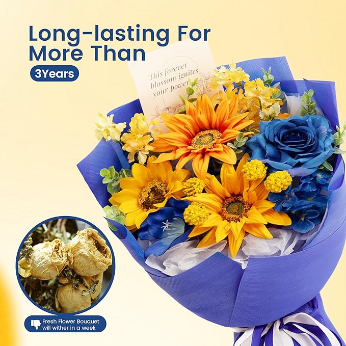 TINGE TIME Aritifical Flowers Bouquet, Sunflower&RoyalBlue Roses Gift Bouquet, Birthday Gifts for Women, Eternal Roses Bouquet for Grandma Wife Anniversary Graduation