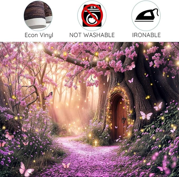 5X3ft Enchanted Forest Backdrop Fairy Tale Purple Garden Wonderland Tree House Floral Background for Kids Girl Baby Shower Birthday Party Decoration Banner Cake Table Photo Booth Props