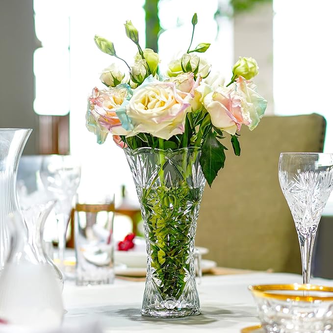 kanpura Clear Crystal Vase, Glass Flower Vase Thickening Design Suitable for Home Christmas Centerpieces Decor, Mothers Gift,9.2'' Tall(1 Piece)