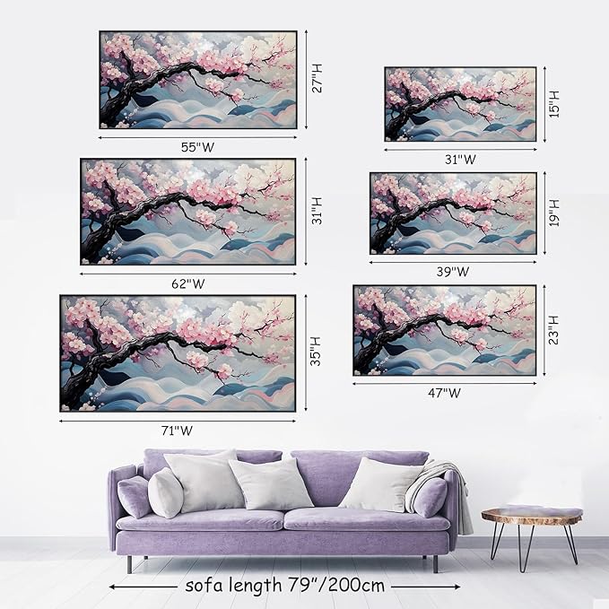 Japanese Cherry Blossom Canvas Wall Art, Sakura Tree Canvas Print, Pink Floral Pictures, Cherry Blossom Tree Wall Art, Flower Branch Decor, Nature Prints for Living Room (Gold Framed, 71"x35" | 180x90cm)