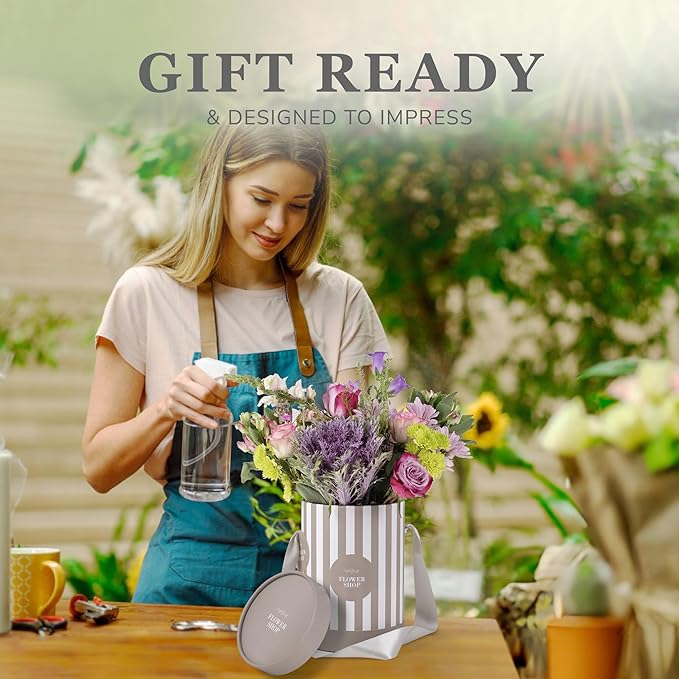Striped Flower Hat Box 4 Pack | Round Flower Boxes for Arrangements | Satin Ribbon Handle & Waterproof Liner | Gift Box for Flowers with Lids