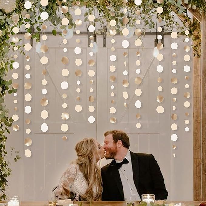 Champagne Gold Party Decorations Circle Dots Garland Gold Neutral Nude Neutral Cream Beige Boho Hanging Polka Dot Streamer for Bridal Shower Birthday Wedding Engagement Baby Shower Party Supplies