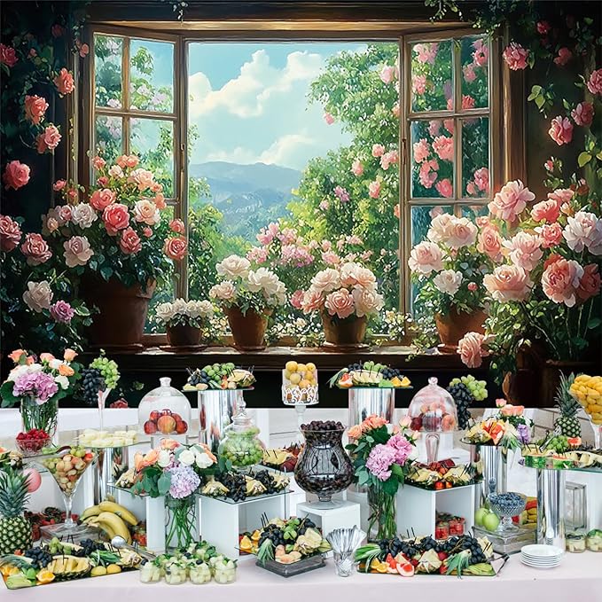 Baocicco 10x7ft Flowers Windowsill Photography Background Spring Floral Retro Oil Painting Photo Backdrop for Valentines Mothers Day Birthday Wedding Party Decorations Girls Women Portraits