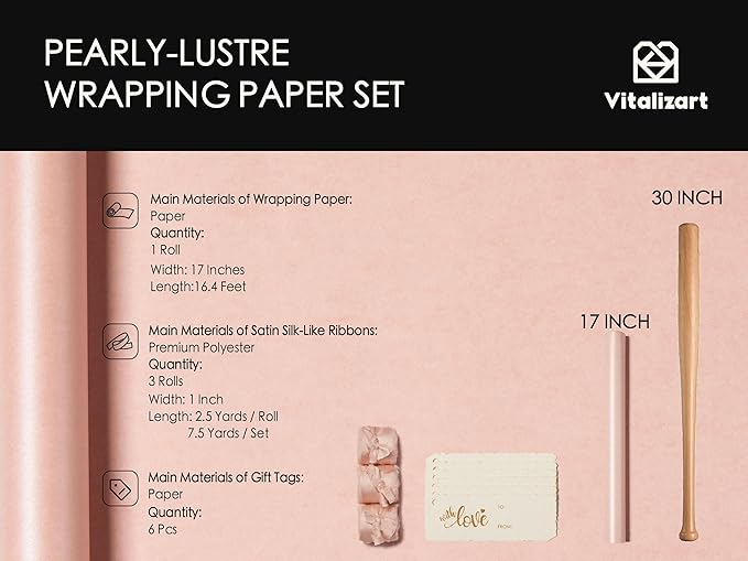 Vitalizart Pink Wrapping Paper Set 17" Pearly-Lustre With Silk Like Satin Ribbon & Gift Tags Recyclable Christmas Gift Wrapping Birthday Baby Shower Wedding Handmade Crafts 197"(16.4 Ft)