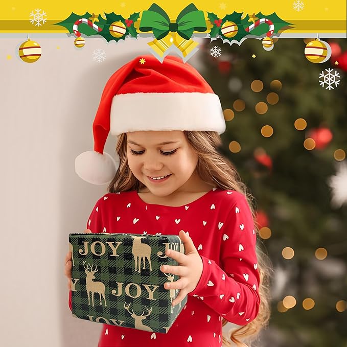 Christmas Wrapping Paper, Holiday Kraft Gift Paper (4 Rolls: 93 sq. ft. ttl) - Red/Green and Black Plaid Grid Patterns, Stockings Snowflakes Pine Tree and Reindeer - 17 inches x 16.5 feet Per Roll