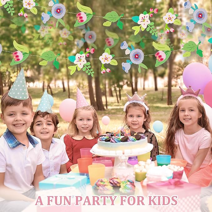 Dayker 2PCS Flower Fairy Decoration Banner, Woodland Floral Greenery Leaf Hanging Garland, Original Paper Wildflower Party Decor for Birthday Baby Shower Garden Wedding Backdrop