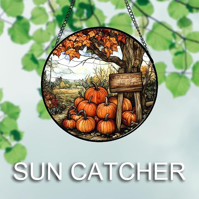 Stained Glass Window Hanging Fall Farm Scenery Maple Trees Pumpkin 7.8" - Suncatcher Door Garden Kitchen Sun Catcher Autumn Decor Birthday for Mom Nana Men Woman Friend