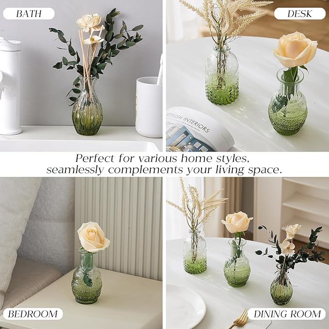 Glass Bud Vase Set of 60 - Small Vases for Flowers in Bulk - Assorted Vintage Crystal Vases for Flowers, Table Centerpieces (Green, 60 Pcs)