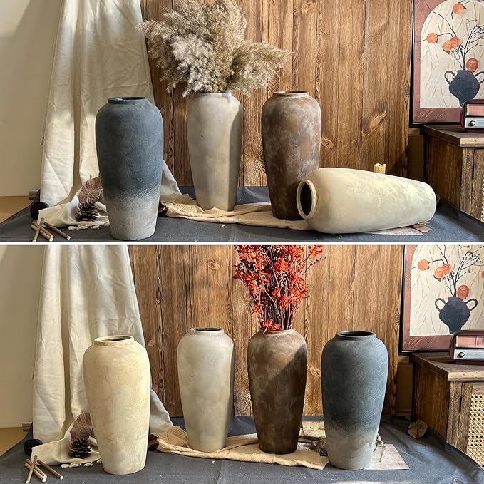 15 Inch Rustic Ceramic Vase, Black Flower Vase for Centerpieces, Farmhouse Decor for Living Room, Entryway & Kitchen, Vintage Pottery Vase for Wedding Gifts