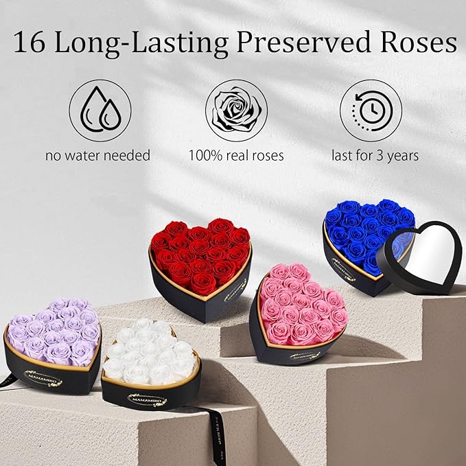16 Preserved Roses in Heart Shape Gift Box for Her - Forever Flowers for Delivery, Eternal Rose Mothers Gifts for Mom, Wife Anniversary Birthday Gifts for Women, Purple