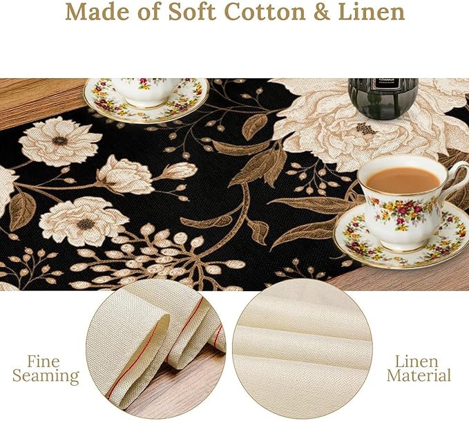 Black Gold Floral Table Runner, Retro Peony Rose Flowers Oriental Style Gothic Garden Print Table Runner for Farmhouse Kitchen Indoor Outdoor Decoration, 13x90inch