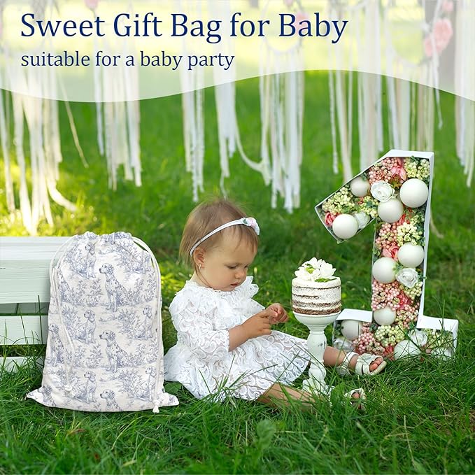 DSHFG Blue Chinoiserie Birthday Drawstring Gift Wrap Bags, Chinoiserie Dog Baby Shower Drawstring Gift Bags Canvas, Blue and White Small Happy Birthday Bag, Gifts for Women Dog Lovers, 10x13 Inch