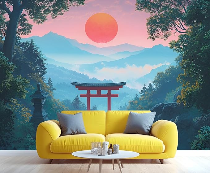 KIREUPA Japanese Torii Gate Wall Mural, Sunrise Mountain Landscape 3d Wall Murals, Zen Nature Art Wallpaper Mural, for Living Room Bedroom Large Wallpaper Indoor Decor 177.16" W x120 H