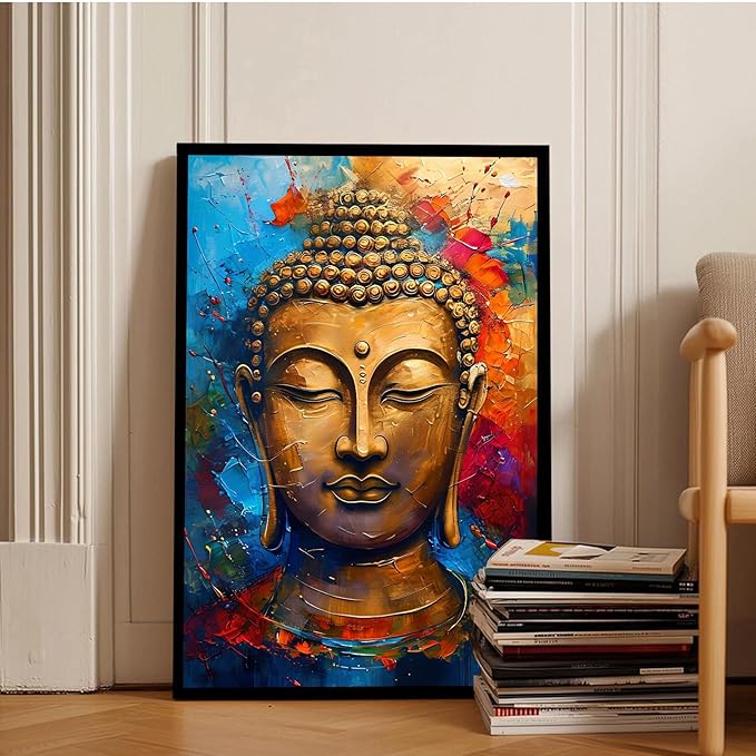 Golden Serenity Buddha Vintage Painting Wall Art Spirituality and Modern Art Wall Decor Adds Brilliance to Vibrant Home Decor 8x12in Metal blackFramed