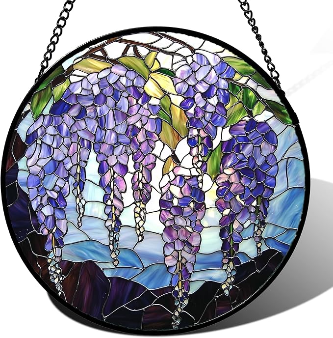 Stained Glass Window Hanging, Purple Wisteria Flowers Suncatcher for Doors Window Home Plant Sun Catchers Decoration Mother's Day Birthday Gifts for Women, Men, and Mom 15x15 in