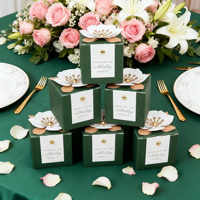 FEIYI 20 PCS Candy Boxes, 3 In 1 Olive Green Favor Boxes with Floral Decor, White Thank You Tags Gift wrapping for Wedding Birthday Baby Shower Decorations Party -2.55x2.55x2.55''