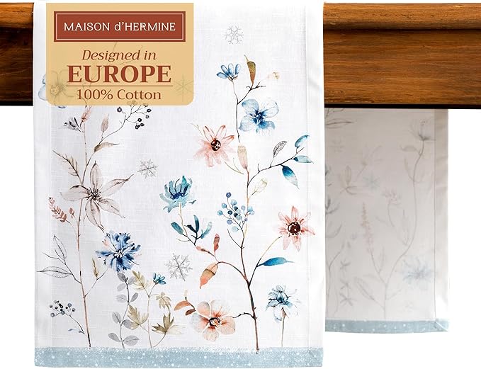 Maison d' Hermine Table Runner 100% Cotton Single Layer Table Runners 72 inches Long for Thanksgiving Christmas Decorations Home Kitchen Dining Party Wedding (Ice Florals, 14.5" x 72")