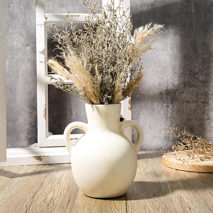 Rustic Ceramic Farmhouse Flower Vase with 2 Handles, Whitewashed Terra Cotta Vase, Decorative Pottery Flower for Home Decor, Table, Living Room, Shelf Decor, 7.3 Inch, White