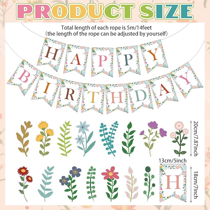 XunYee 3 Pcs Wildflower Birthday Decoration Flower Happy Birthday Banner Boho Wildflower Happy Birthday Banner Garland Flower Hanging Decorations Birthday Party Decorations for Girls Women