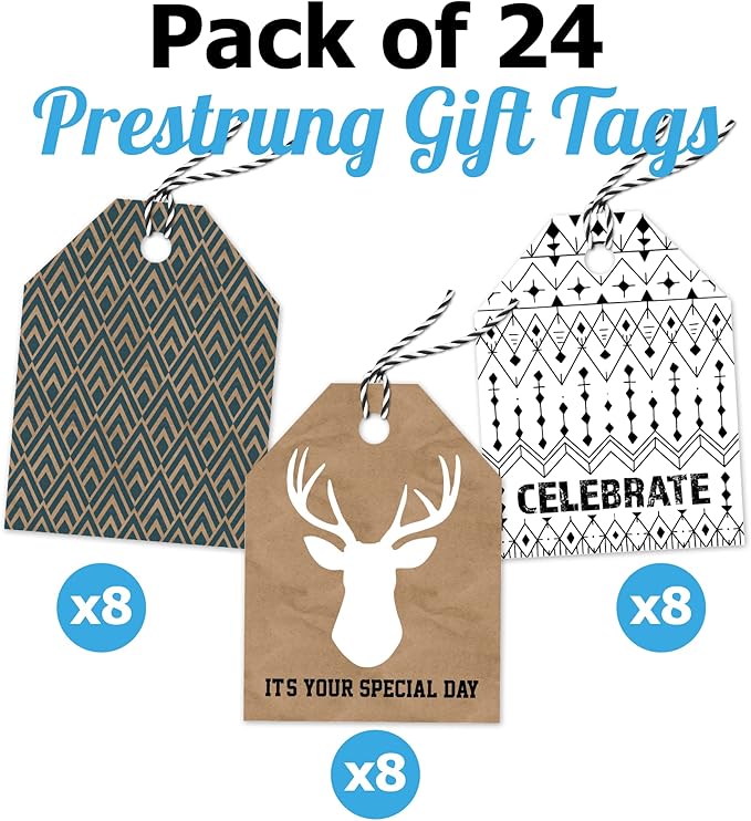 Pro Supply Global 24 Count of 2.5 Inch x 3 Inch Pre Strung Deer Heads Gift Tag Assorted Printed Designs on Large Cardstock Gift Hang Tags - Ideal to Use on Bags