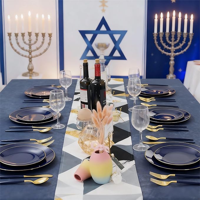 Liacere 150PCS Blue Plastic Plates - Gold Plastic Silverware with Blue Handle - Navy Disposable Plates Include 30 Guests Plates,Forks,Spoons,Knives for Hanukkah & New Year & Hanukkah