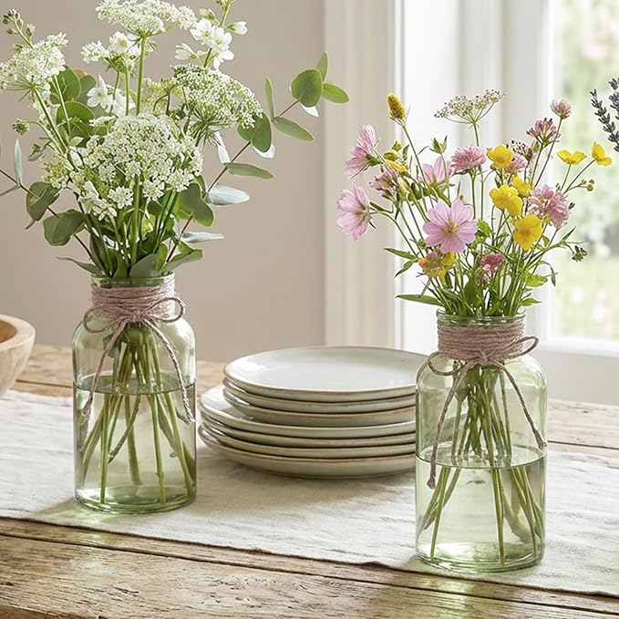 Vintage Glass Flower Vase，3Pack Farmhouse Green Glass Centerpiece Vases Mason Jars for Weddings, Parties & Home Decor Bulk (3, Green)