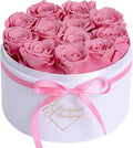 GLAMOUR BOUTIQUE Flower Forever Gift Box 12 Real Preserved Roses in Round Velvet White Box, Handmade, Rose Petals, Birthday, Marriage, Anniversary, Graduation - Pink