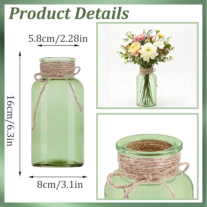 Vintage Glass Flower Vase，6 Pack Green Farmhouse Glass Centerpiece Vases Mason Jars for Weddings, Parties & Home Decor Bulk (6,Green)