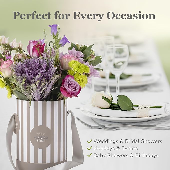 Striped Flower Hat Box 4 Pack | Round Flower Boxes for Arrangements | Satin Ribbon Handle & Waterproof Liner | Gift Box for Flowers with Lids