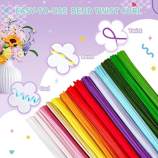 572 PCS Pipe Cleaners Flower Kit, 13 Colors Chenille Stems with Floral Wires, Stamen, Tapes, Dot Glue, Instruction & Gift Box – DIY Craft Set for Handmade Bouquets