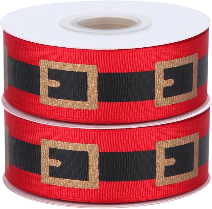 20 Yards Santa Belt Grosgrain Ribbon 7/8 Inch Red Black Gold Craft Ribbons for Christmas Gift Wrapping Wreath Bow DIY Crafts Supplies