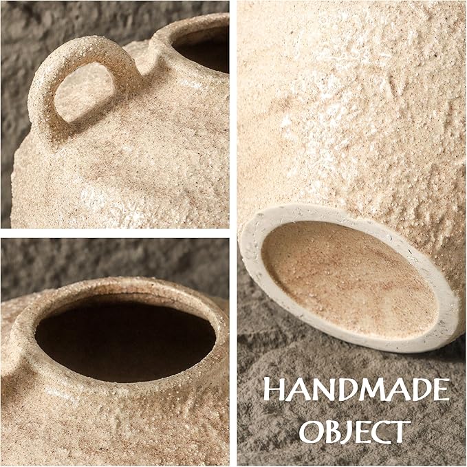 Ceramic Flower Vase, Large Farmhouse Vases Home Decor, Handmade Rustic Vase with Handles, Decorative Flower Vase for Home Entryway Living Room Dining Table Farmhouse Office Decor(8.6inch)