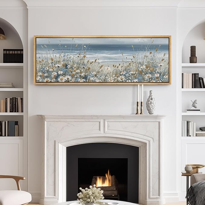 SIGNFORD Large Framed Canvas Print Wall Art Coastal Wildflowers Beach Meadow Landscape in Soft Blue and Beige Tones Illustrations Modern Art Relax/Calm Warm for Living Room, Bedroom, Office - 60"x20"