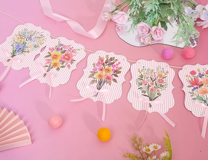Floral Baby Shower Decorations Garland - Baby in Bloom Bow Banner, Flowers Baby Clothes Banner for Gender Reveal, 1st Birthday, Anniversary Party Backdrop