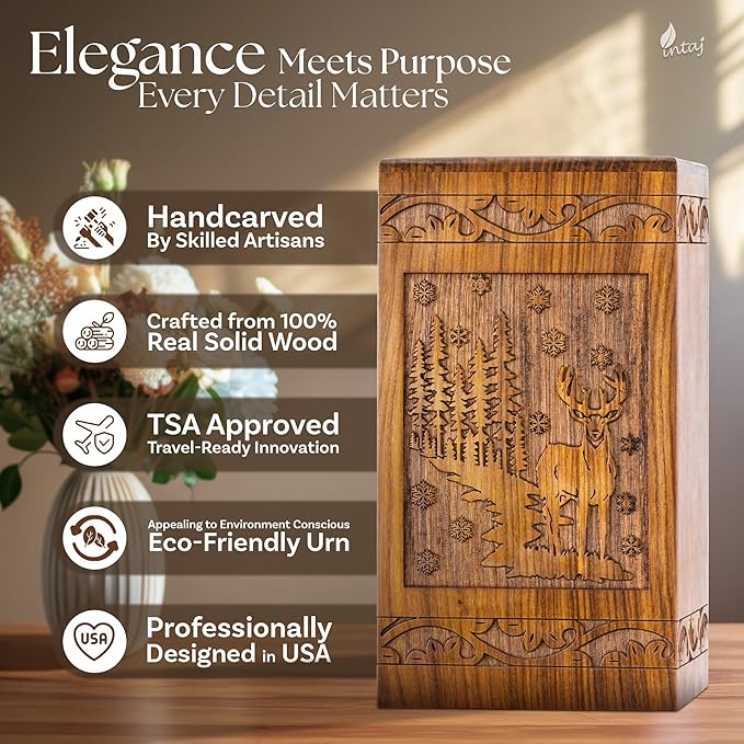 INTAJ Handcarved Rosewood Deer Urn for Human Ashes Adult Male Female - 115 lbs Capacity Forest Scene Wooden Cremation Urn Box Suitable for Burial Funeral Decorative Wildlife Memorial Casket